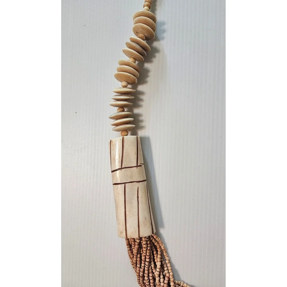Vintage Multi Strand Seed Bead Bone Statement Necklace Boho Tribal Asymmetrical
